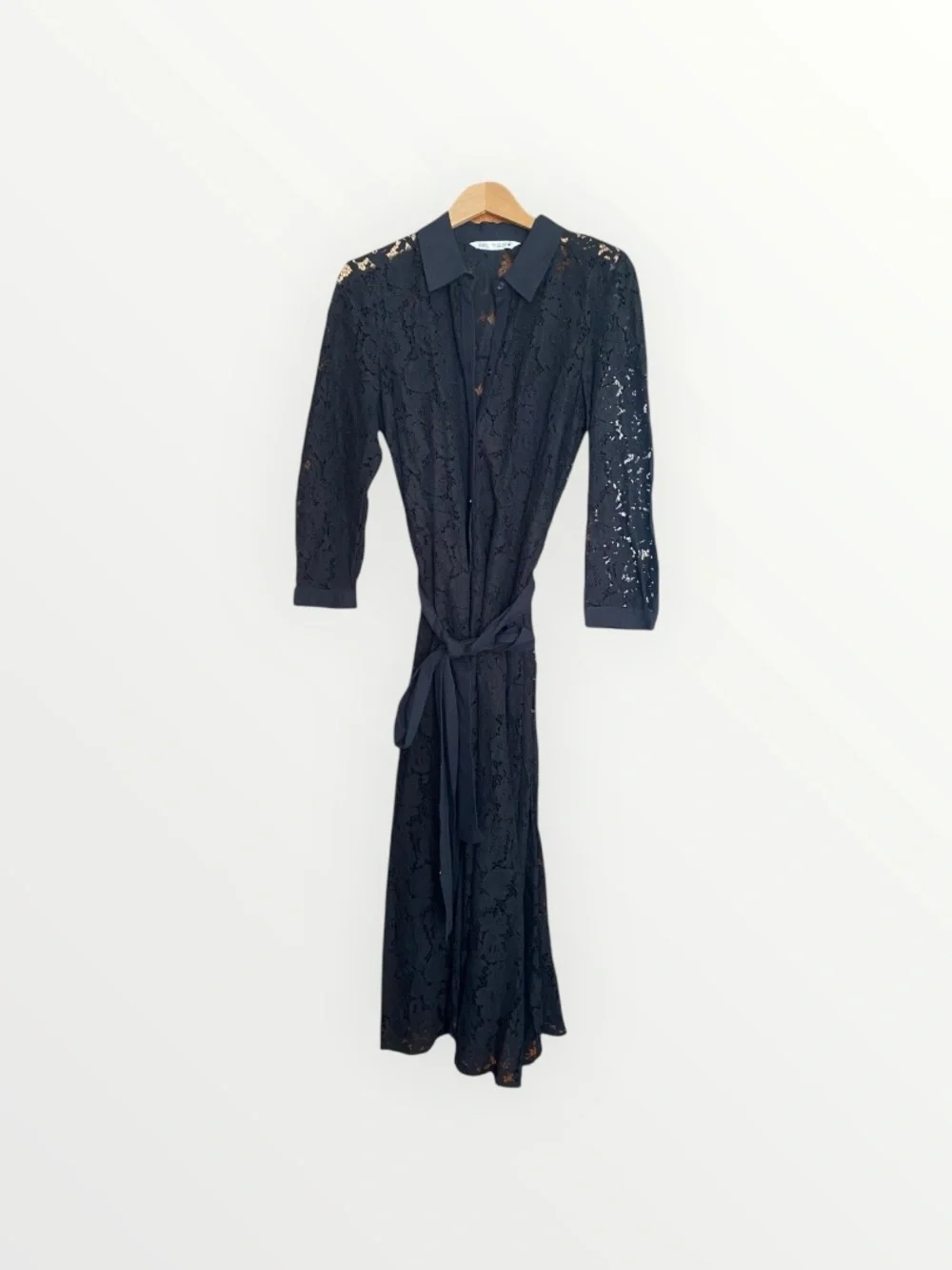 Zara Black Lace Collared Waist Tie Long Dress Size L - Picture 7 of 13